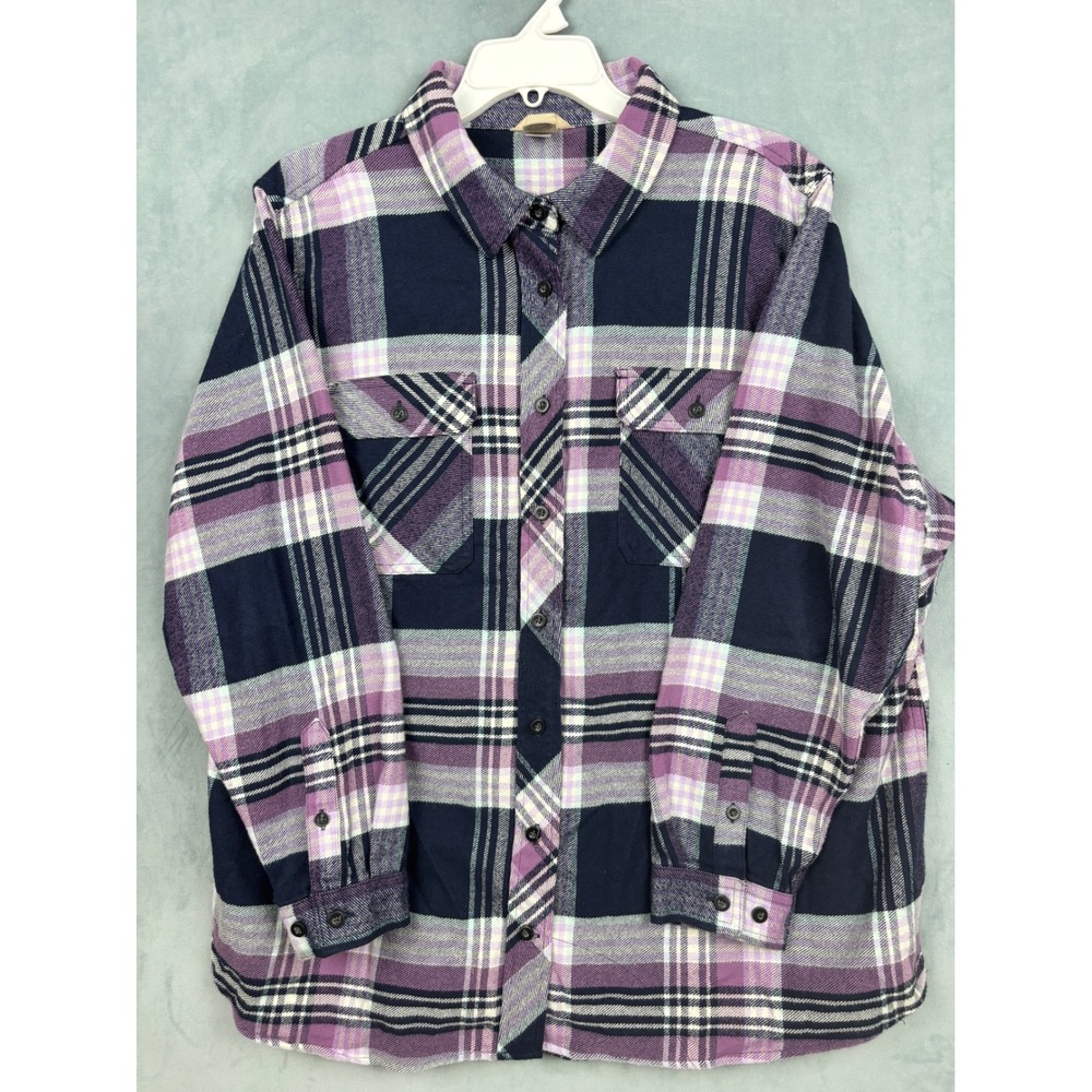 Duluth Trading  Womens 2X Flannel Shirt Purple Navy Plaid Long Sleeve Button Up